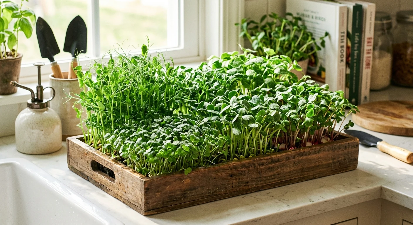 A tray of microgreens growing by a kitchen window.