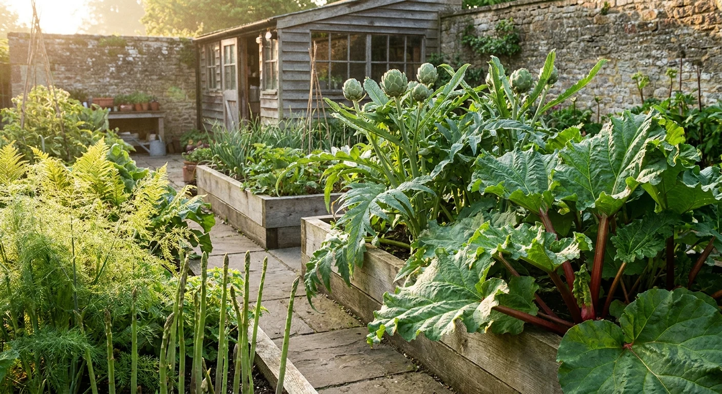 A narrow path between vegetable beds beside a garden shed.