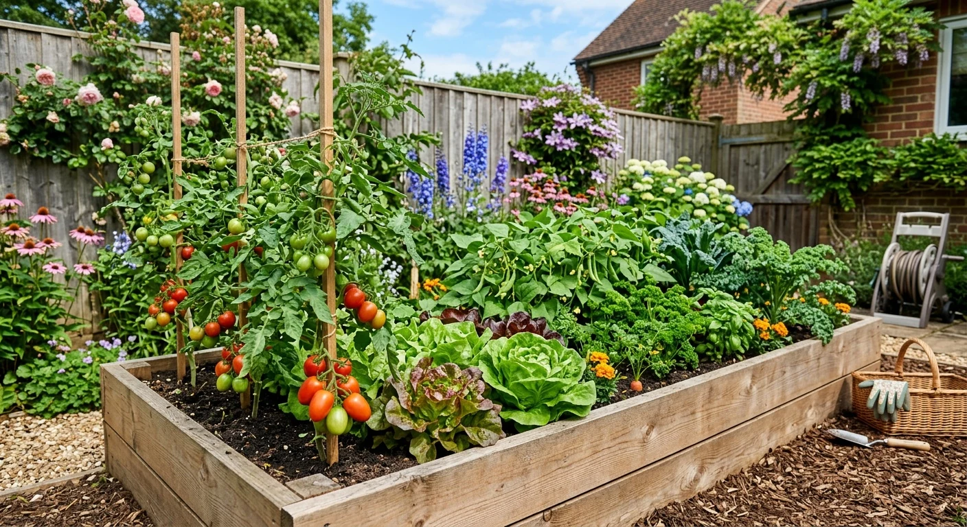 Tomatoes and leafy greens in a wooden garden bed.