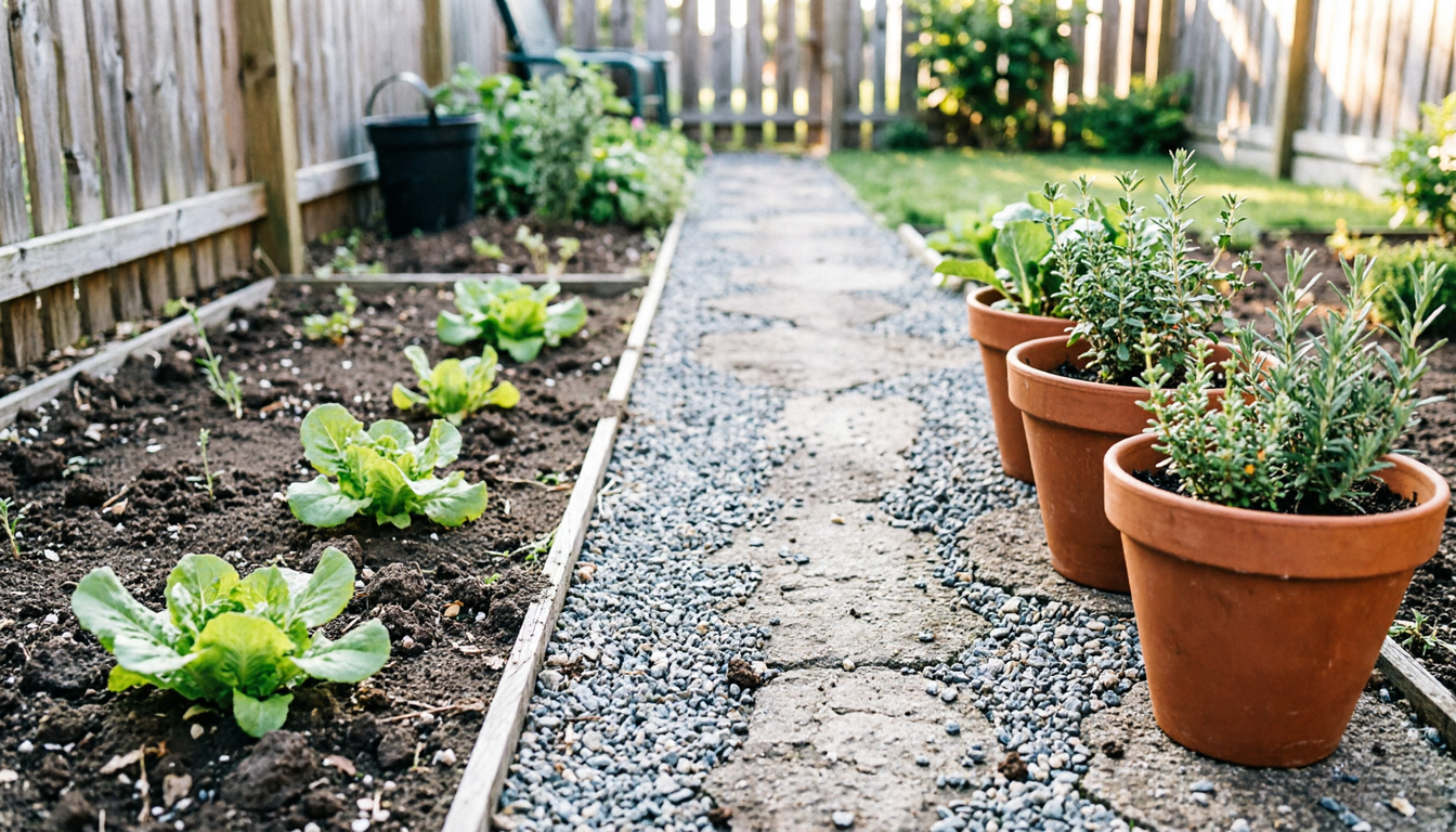 Small lettuce plants in a soil bed and potted herbs beside a clear backyard garden walkway.