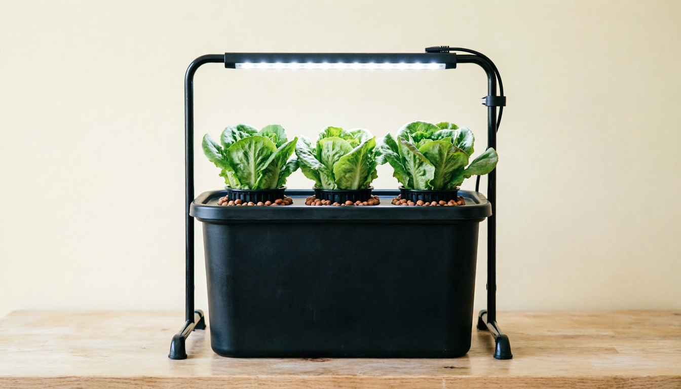 Lettuce in an opaque black container beneath a grow light on a dry countertop.